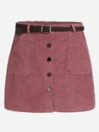 Romwe Pink Corduroy Single Breasted Pockets Skirt With Belt