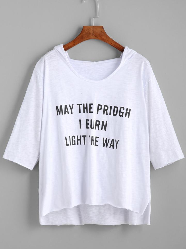 Romwe White Letter Print High Low Hooded T-shirt