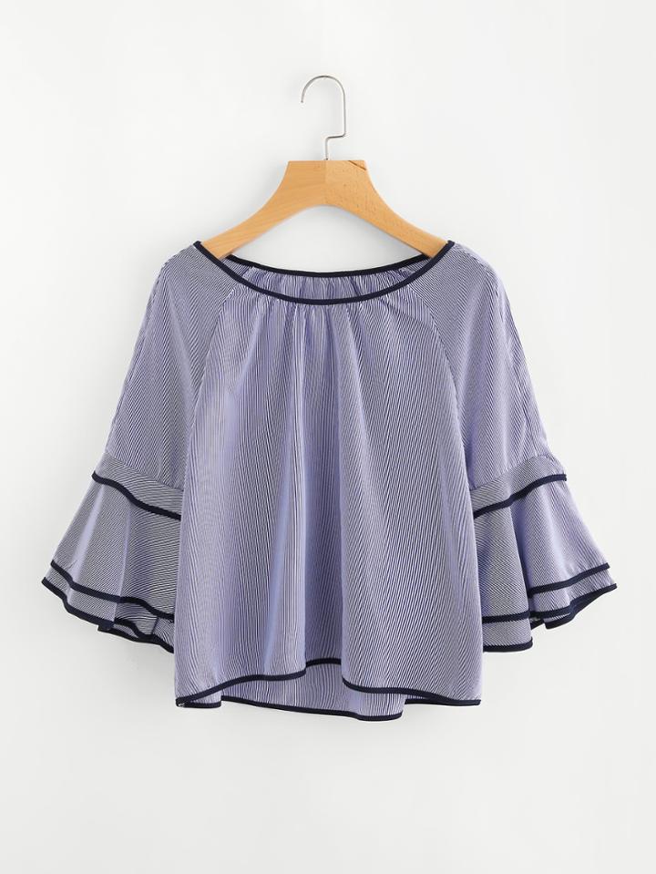 Romwe Tiered Fluted Sleeve Pinstripe Ringer Blouse