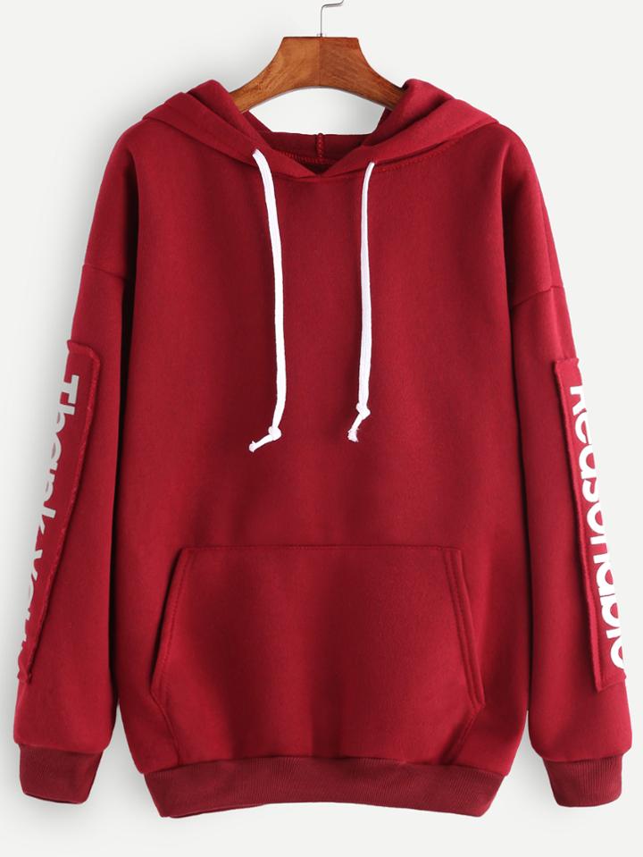 Romwe Red Drop Shoulder Sleeve Letter Print Patch Pocket Hoodie