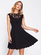Romwe Guipure Lace Yoke Scallop Hem Flare Dress