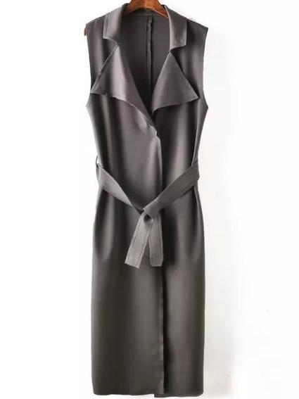 Romwe Lapel Belt Long Grey Vest