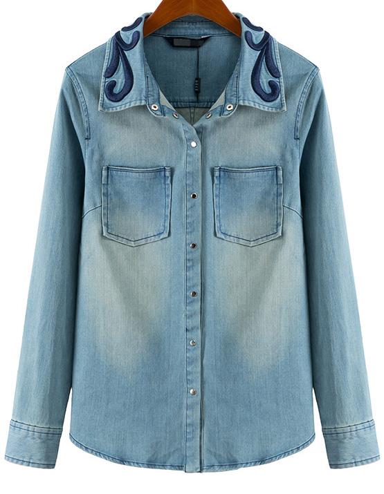Romwe Blue Long Sleeve Embroidered Bleached Denim Blouse