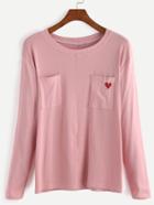 Romwe Pink Heart Embroidered Pockets T-shirt