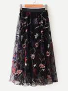 Romwe Mesh Overlay Embroidered Flower Skirt