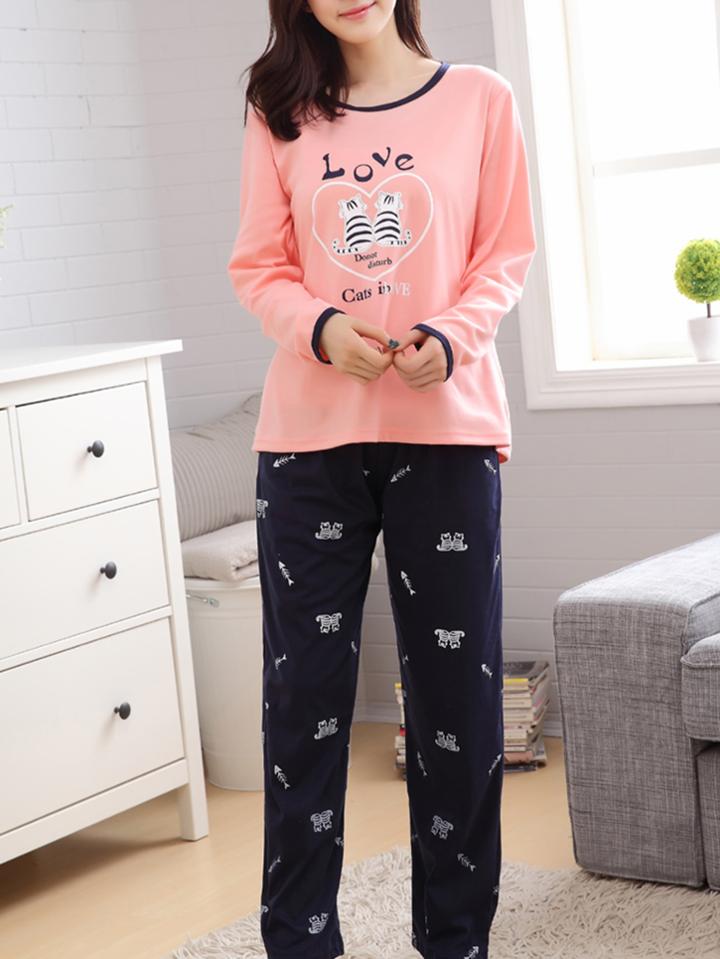 Romwe Contrast Binding Cat Print Tee & Pants Pj Set