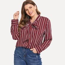 Romwe Plus Self-tie Bow Vertical Striped Blouse