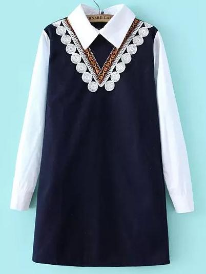 Romwe Navy Lapel Embroidered Straight Dress