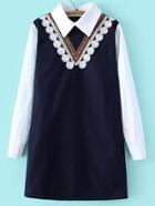 Romwe Navy Lapel Embroidered Straight Dress