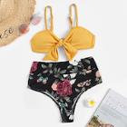 Romwe Knot Rib-knit Top With Random Floral High Waist Bikini Set