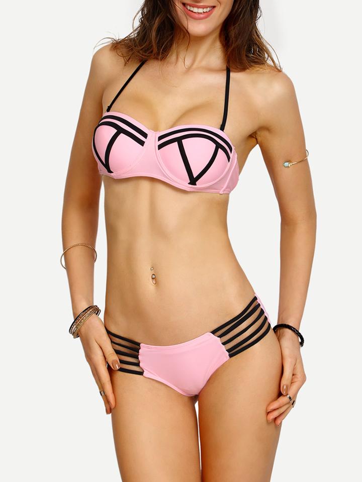 Romwe Stripe Print Ladder-cutout Bikini Set