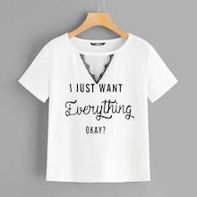 Romwe Lace Insert Choker Neck Slogan Tee