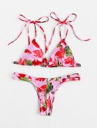 Romwe Calico Print Tie Strap Triangle Bikini Set