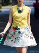 Romwe Yellow Round Neck Sleeveless Crochet Print Flare Dress
