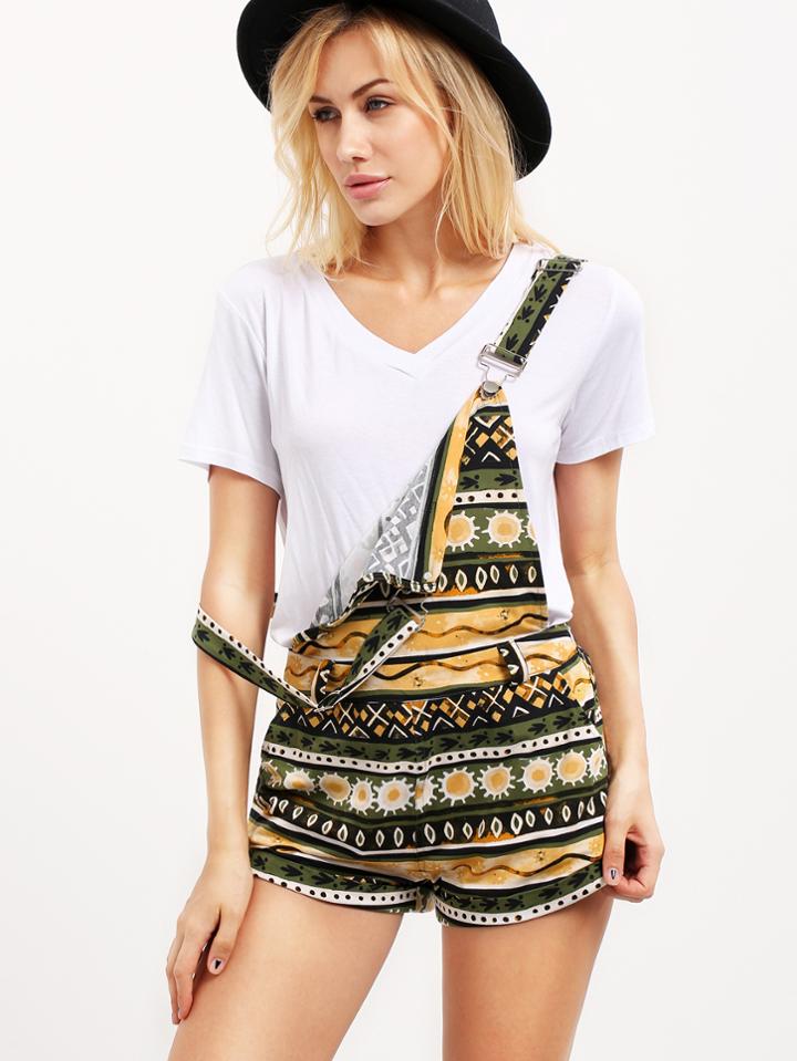 Romwe Multicolor Print Suspender Pocket Jumpsuit