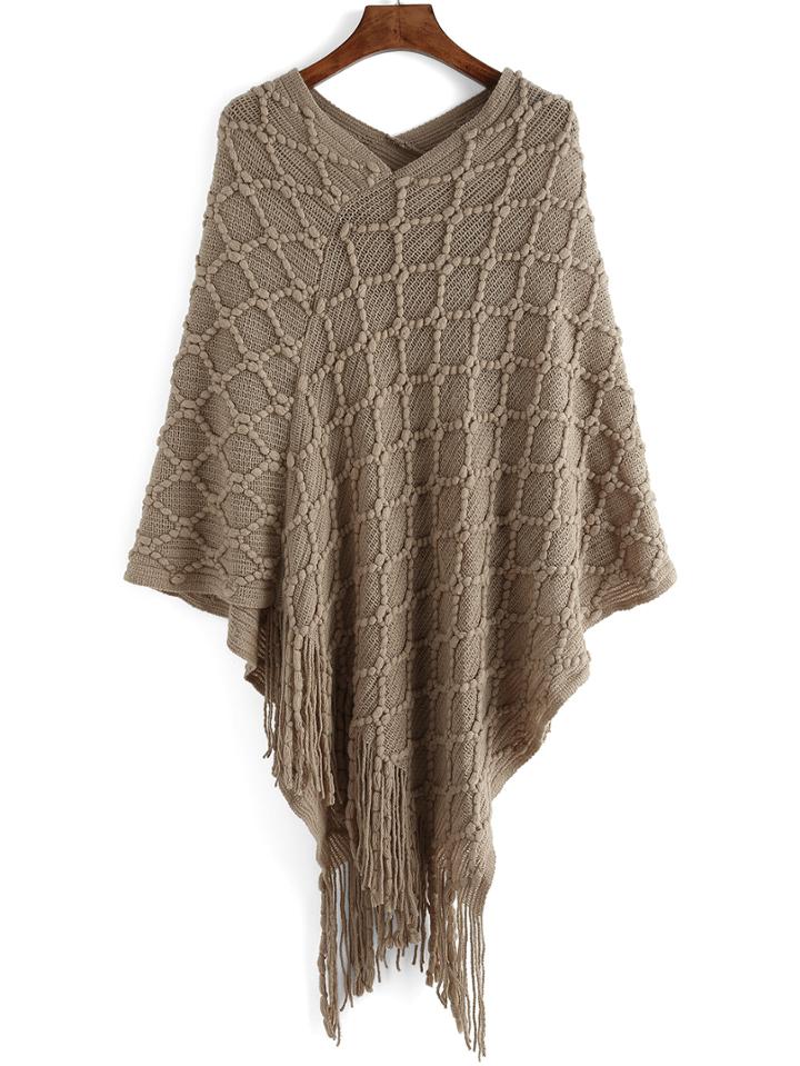 Romwe V Neck Diamond Fringe Sweater Poncho