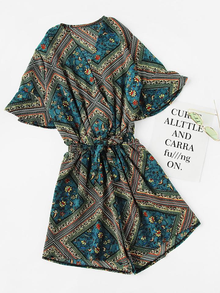 Romwe Ditsy Print Random Wrap Self Tie Romper