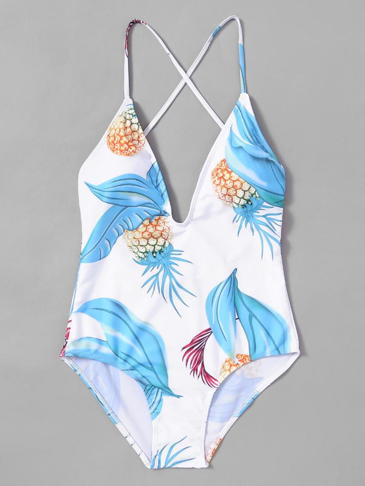 Romwe Pineapple Print Cross Back Plunge Swimsuit