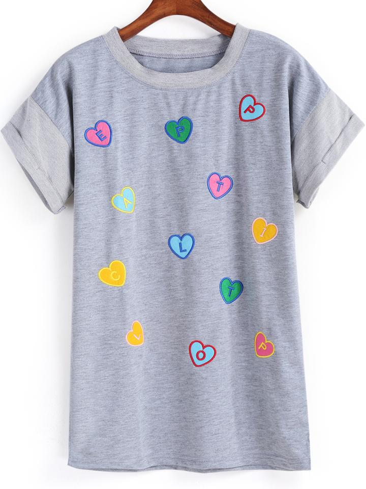 Romwe Heart Embroidered Cuffed T-shirt