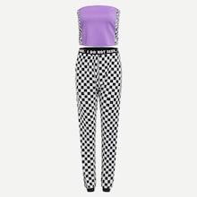 Romwe Contrast Checkerboard Top With Letter Print Pants