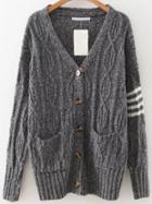 Romwe Dark Grey Striped Detail Button Up Cardigan