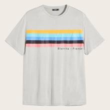 Romwe Guys Rainbow Stripe Print Tee