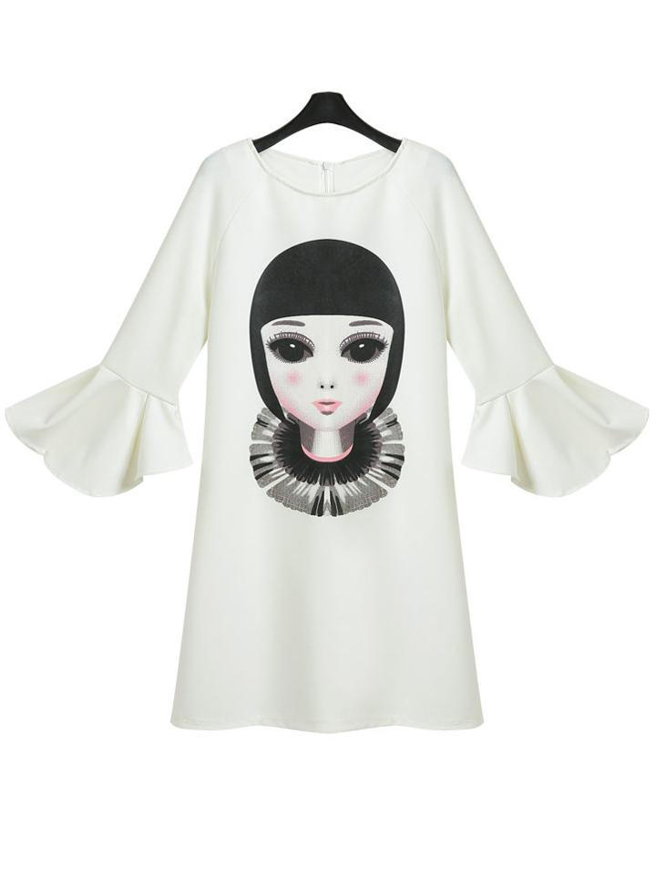 Romwe Bell Sleeve Beauty Print Loose Dress