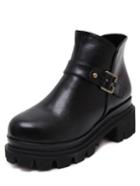 Romwe Black Round Toe Vintage Buckle Strap Boots