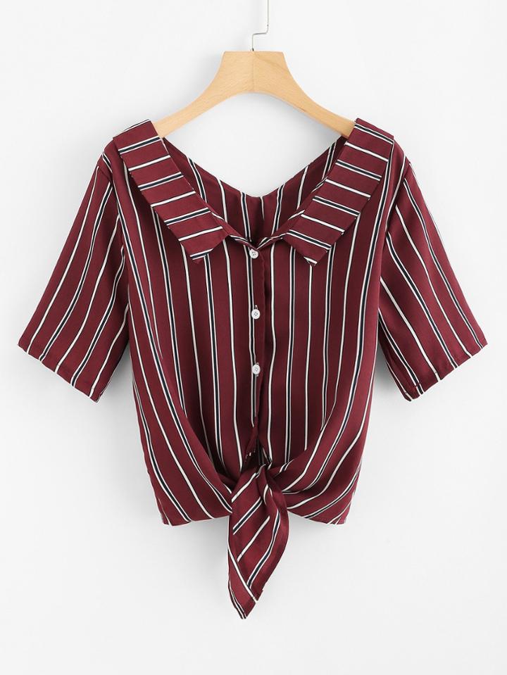 Romwe Single Breasted Knot Front Striped Shirt