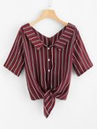 Romwe Single Breasted Knot Front Striped Shirt