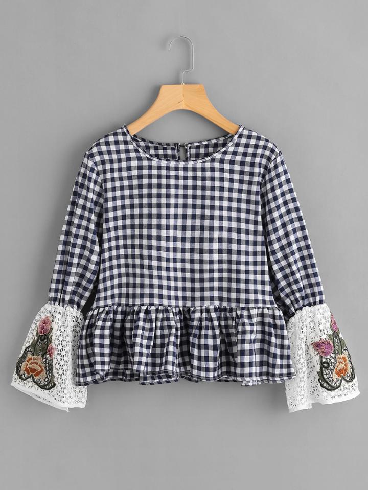 Romwe Embroidered Lace Cuff Frill Hem Checked Blouse