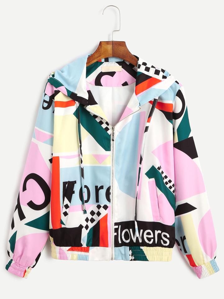 Romwe Patchwork Letter Print Drawstring Hooded Jacket