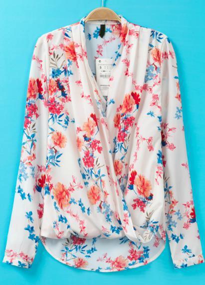 Romwe V Neck Floral Asymmetrical Blouse