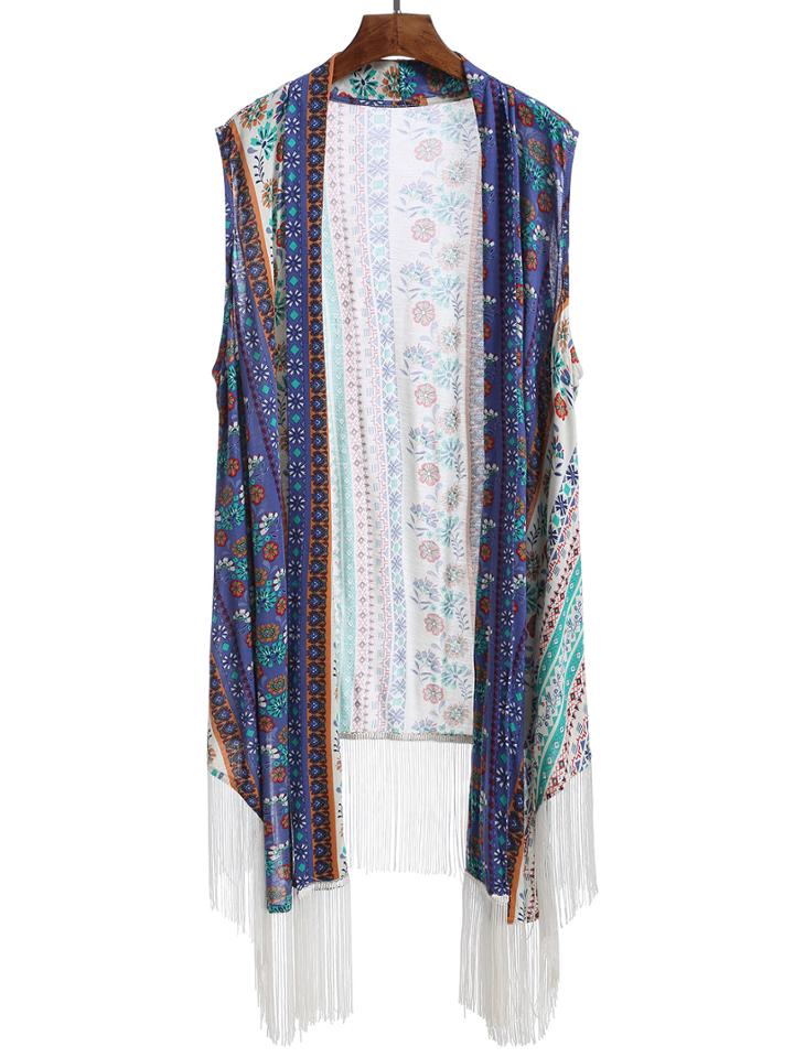 Romwe Florals Tassel Long Vest