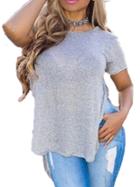 Romwe Dip Hem Slit Grey T-shirt