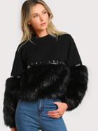 Romwe Gem Beading Faux Fur Panel Sweatshirt