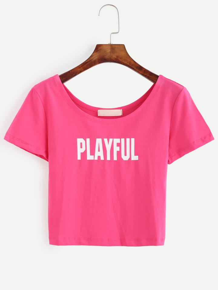 Romwe Hot Pink Letter Print T-shirt