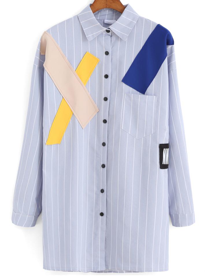 Romwe Lapel Patch Vertical Striped Blouse