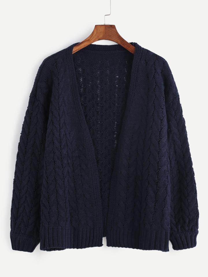 Romwe Navy Dropped Shoulder Seam Cable Knit Sweater Coat