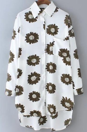 Romwe Lapel Dip Hem Flower Print Chiffon Brown Blouse