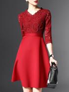 Romwe Red V Neck Contrast Lace A-line Dress