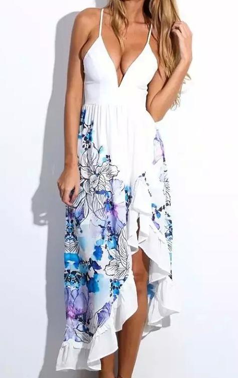 Romwe Deep V Neck Florals Asymmetrical White Dress