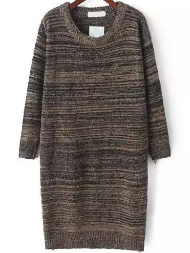 Romwe Long Sleeve Straight Khaki Sweater Dress
