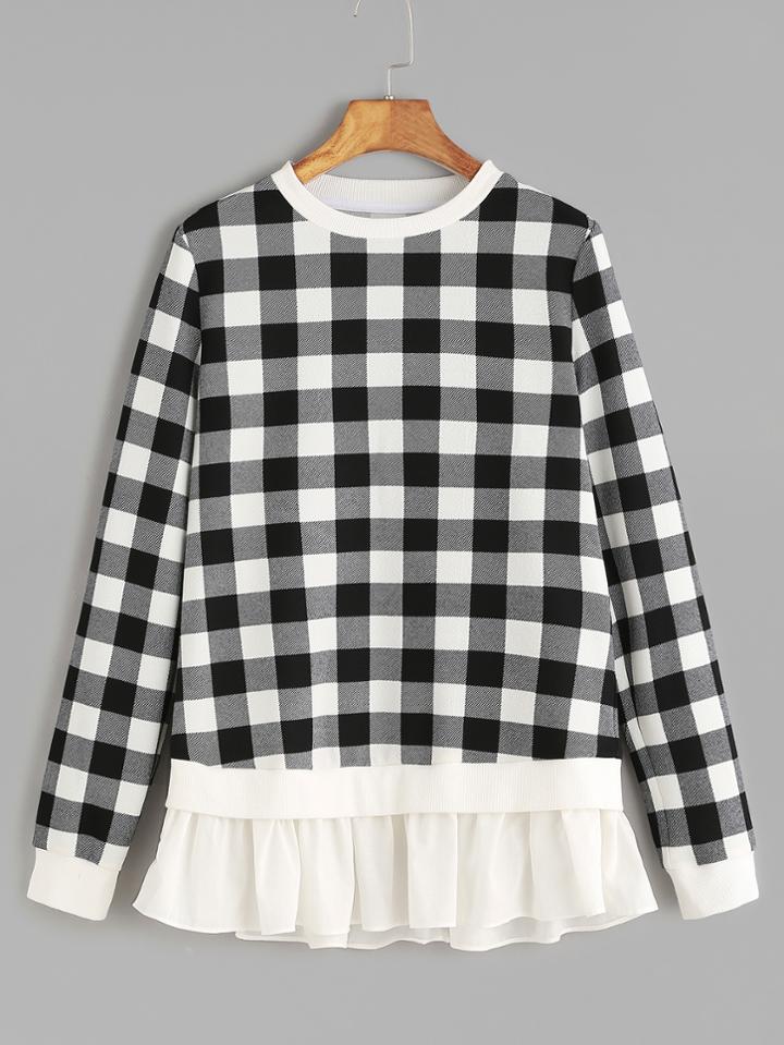 Romwe Black And White Checkered Contrast Ruffle Hem Sweatshirt