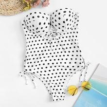 Romwe Polka Dot Tie Side Underwire Bandeau One Piece Swim