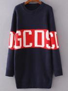 Romwe Navy Letter Pattern Sweater Dress