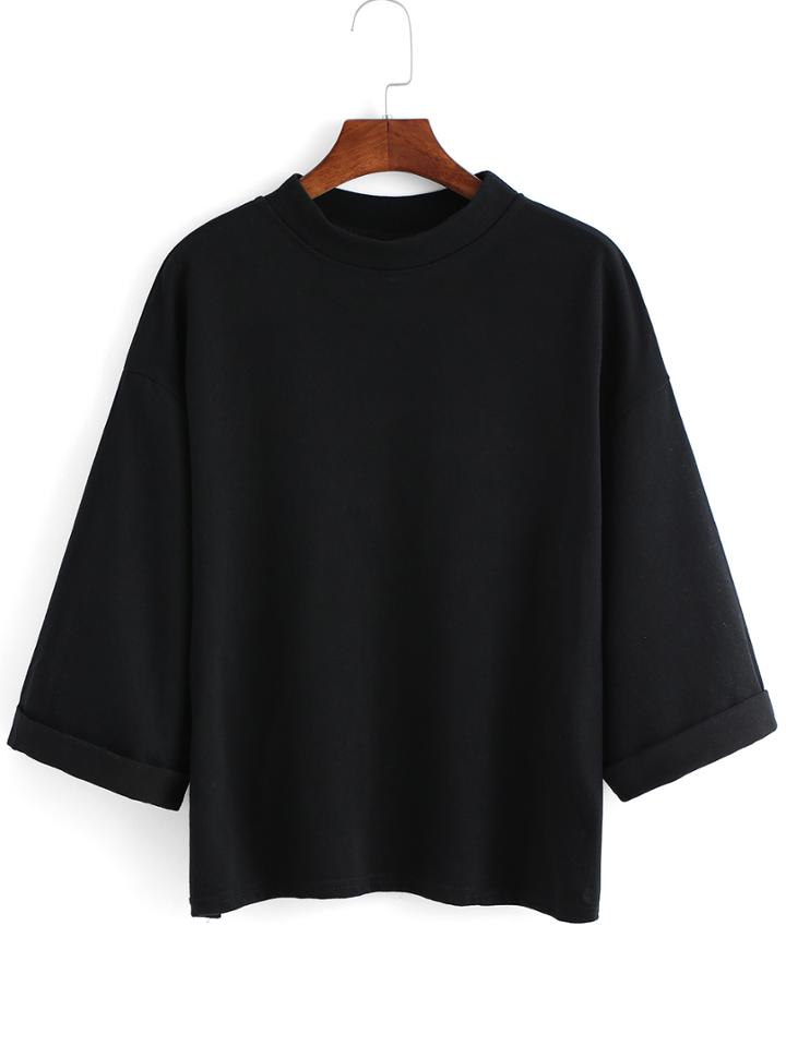 Romwe Elbow Sleeve Loose Black T-shirt