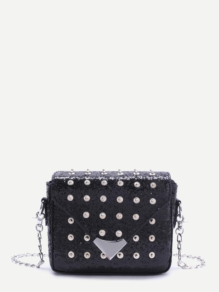 Romwe Black Studded Design Sequin Chain Bag