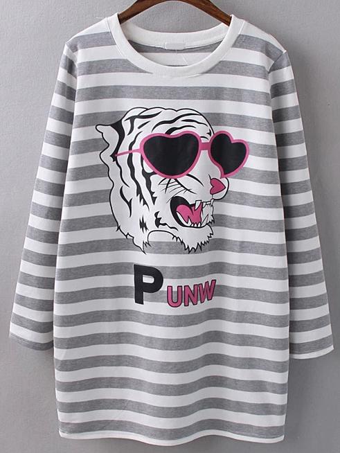 Romwe Grey Stripe Tiger Print T-shirt Dress