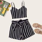 Romwe Striped Shirred Back Cami Top With Belted Shorts